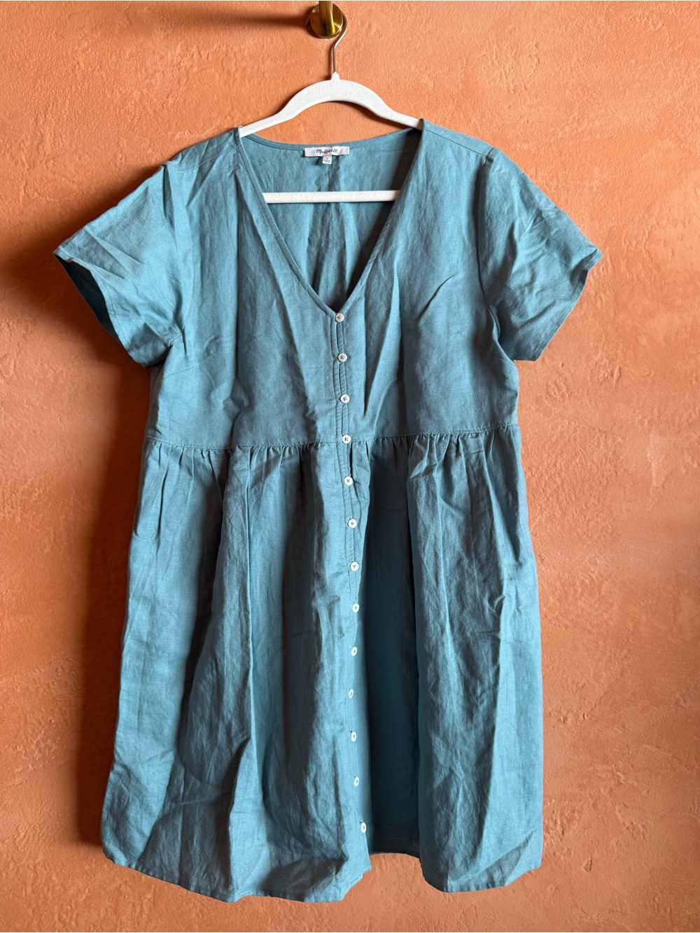 Madewell Linen Blend Button Front Mini Dress Blue Green Size L